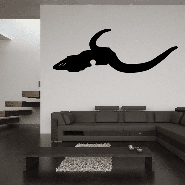 Longhorn skull wall decal, black vinyl silhouette of skull with horns