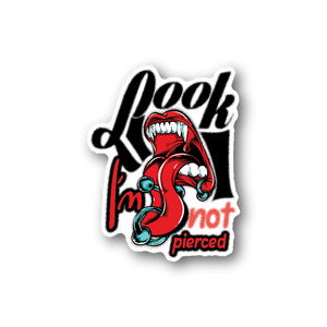 Red and white cartoon vinyl sticker with snarling face and 'not pierced' text