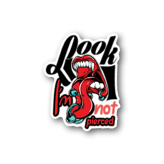 Red and white cartoon vinyl sticker with snarling face and 'not pierced' text