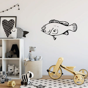 Bass fish wall decal, black-and-white cartoon style with striped fins and tail.
