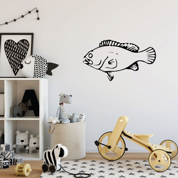 Bass fish wall decal, black-and-white cartoon style with striped fins and tail.