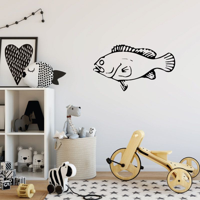 Bass fish wall decal, black-and-white cartoon style with striped fins and tail.