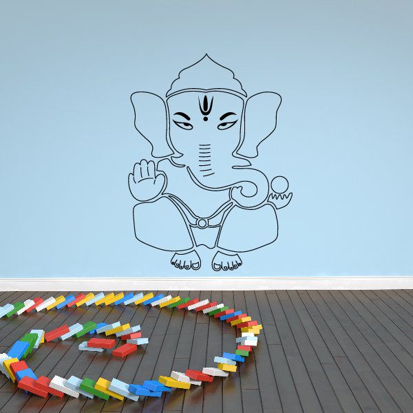 Lord Ganesh thin outline decal, blue line-art elephant god with raised hands