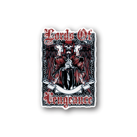 Grim reaper vinyl sticker, red and black gothic character illustration