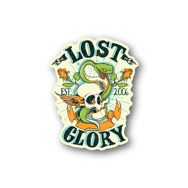 Vinyl sticker with green skull and Lost Glory text