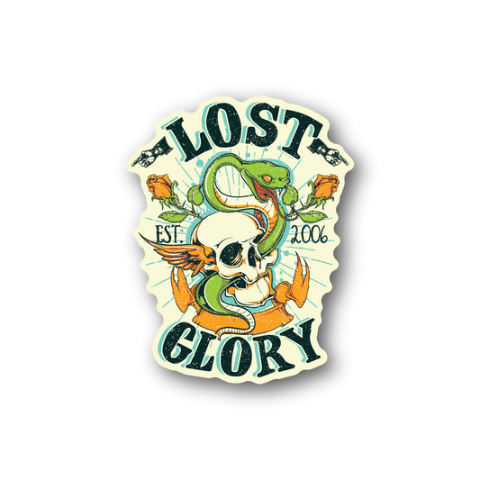 Vinyl sticker with green skull and Lost Glory text