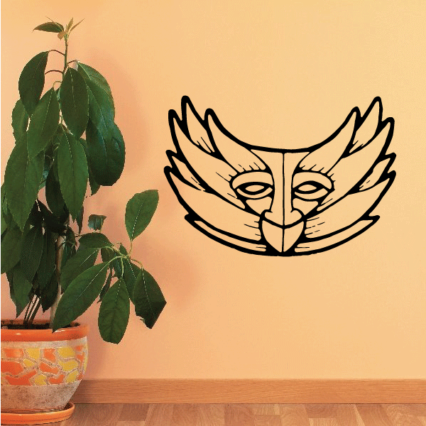 Lotus mask decal with stylized winged mask face in black line art
