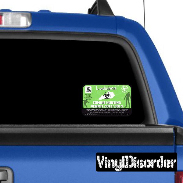 Louisiana zombie hunting permit sticker, green with skeleton hunter graphic and text