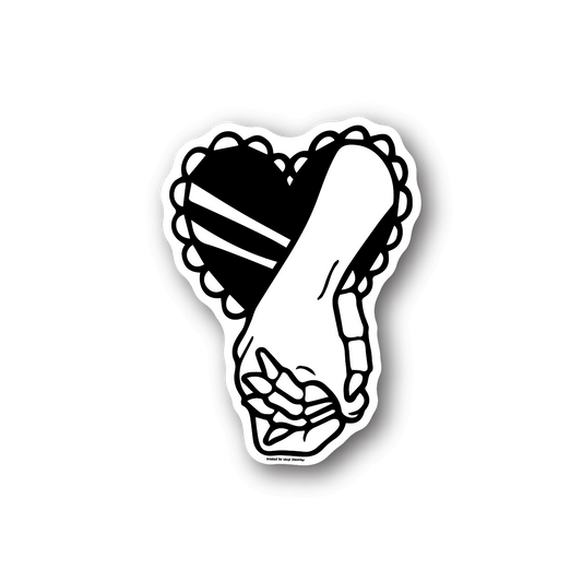 Heart-shaped vinyl sticker with white skeleton hand illustration