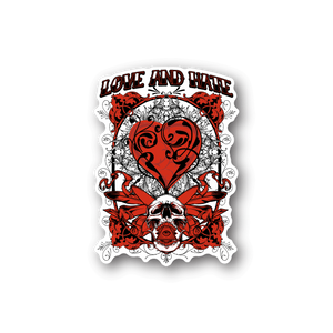 Skull vinyl sticker with red heart, roses, and flames in white and black