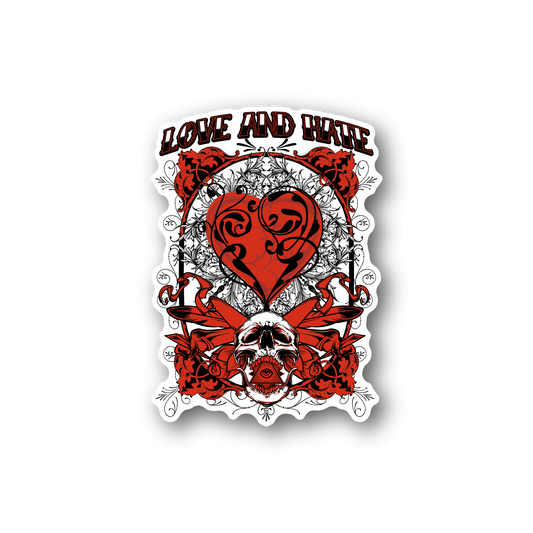 Skull vinyl sticker with red heart, roses, and flames in white and black