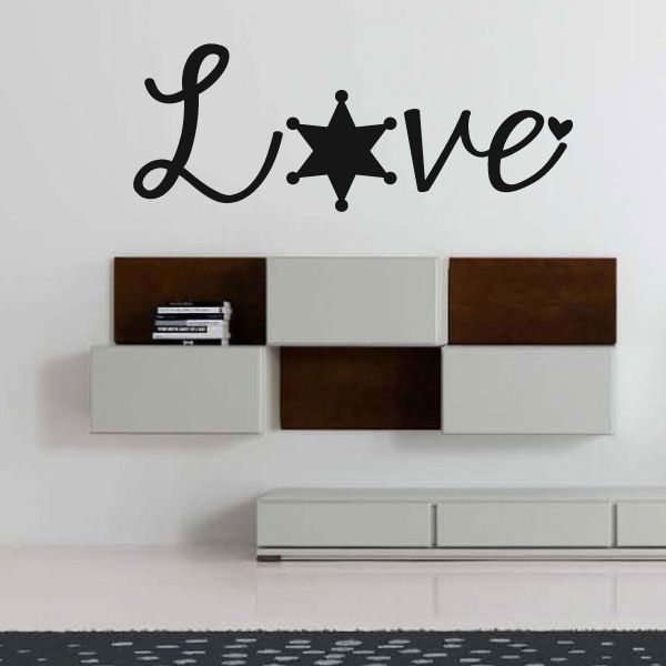 Love badge decal with cursive “Love” text and small star in the center