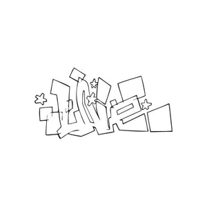 Graffiti love decal in black line art with stars and heart shapes