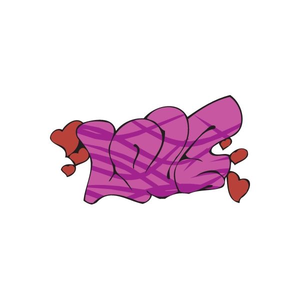 Graffiti-style sticker with purple heart design and red details, outlined in black
