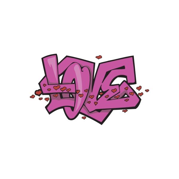 Graffiti-style love sticker, purple lettering with small red hearts and accents