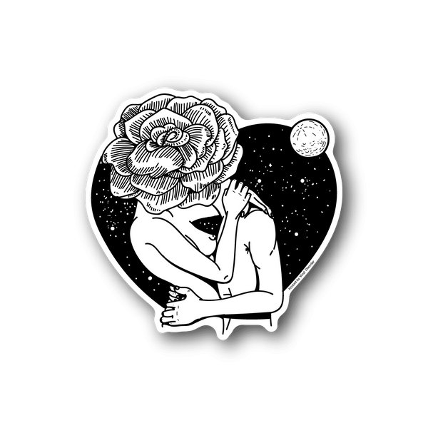 Heart-shaped vinyl sticker of kissing couple with rose and stars