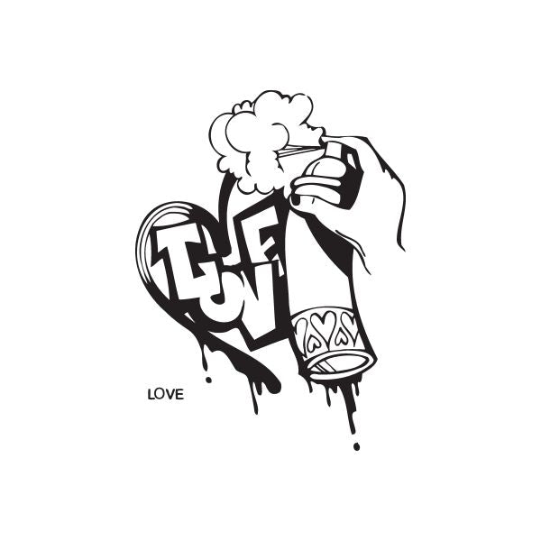 Graffiti heart decal with LOVE text and spray paint drips, hand holding can