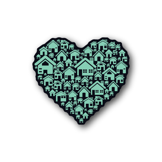 Heart-shaped vinyl sticker with teal house pattern