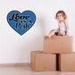 Blue heart sticker with white 'Love Is A Verb' text