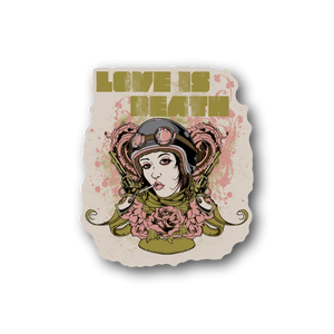 Vinyl sticker of a female pilot in helmet with roses and "LOVE IS DEATH" text