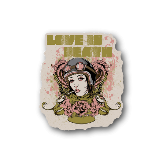 Vinyl sticker of a female pilot in helmet with roses and "LOVE IS DEATH" text