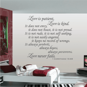 Wall decal with cursive quote: Love is patient, Love is kind