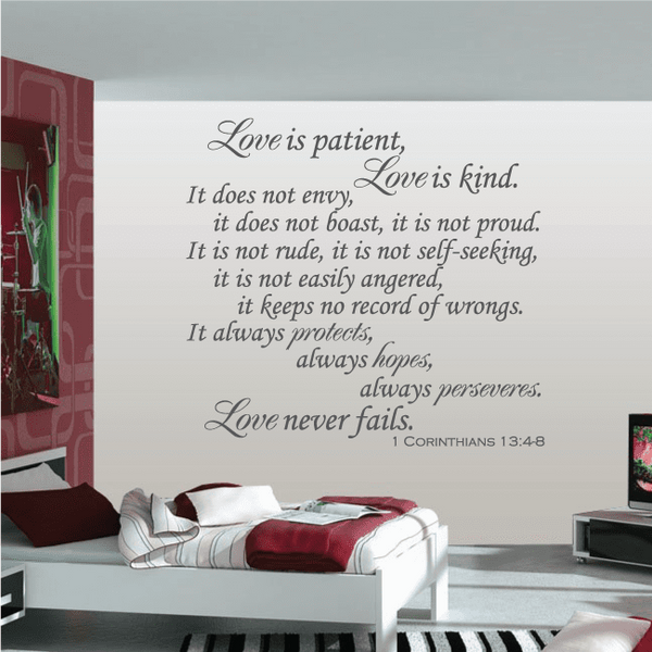 Wall decal with cursive quote: Love is patient, Love is kind