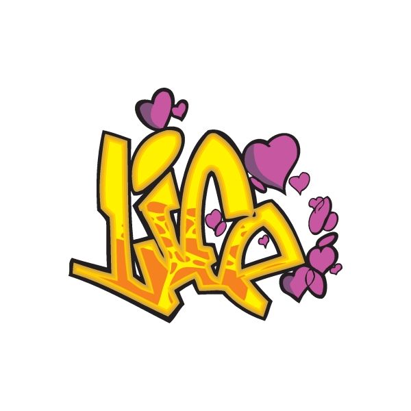 Graffiti love sticker with yellow letters and purple heart accents