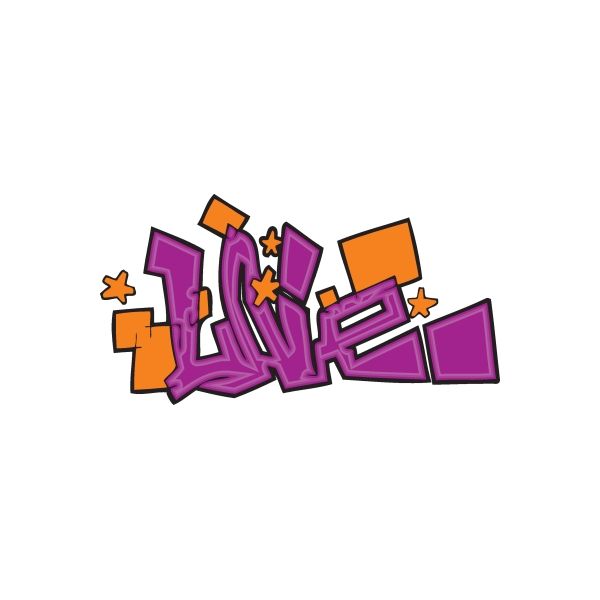 Purple graffiti love sticker with orange outline and star accents