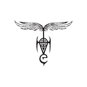 Black tribal wings and mask graffiti wall decal with central dagger-like emblem