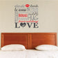 Love word collage decal with bold LOVE, red lips, hearts and stacked love quotes typography