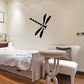Lovely flying dragonfly wall decal, black silhouette with spread wings and body.