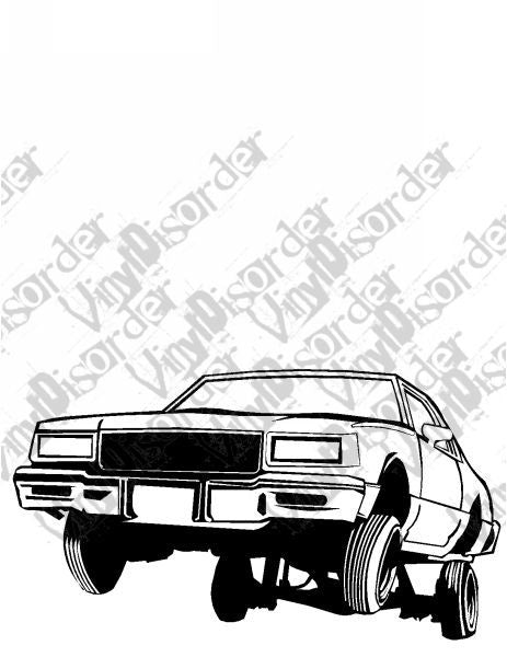 Lowrider hopping car decal, black and white outline of a classic truck-style car.