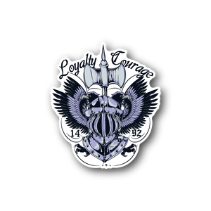 Vinyl sticker: blue armored helmet with wings, cursive “Loyalty Courage”