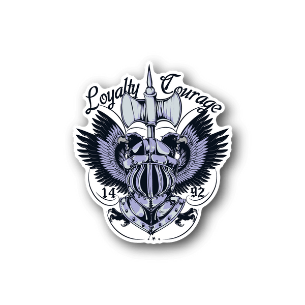Vinyl sticker: blue armored helmet with wings, cursive “Loyalty Courage”