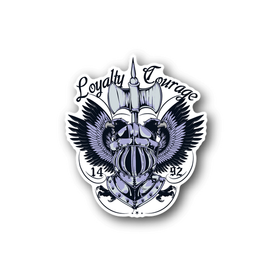 Vinyl sticker: blue armored helmet with wings, cursive “Loyalty Courage”
