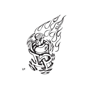 LP spray paint can logo with flame graphic