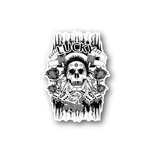 Lucky Gambler vinyl sticker with skull in poker theme, playing cards and chips