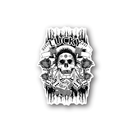 Lucky Gambler vinyl sticker with skull in poker theme, playing cards and chips