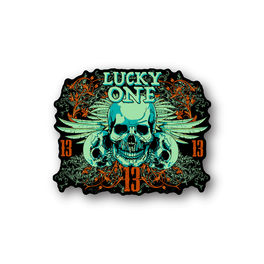 Skull vinyl sticker with wings, Lucky One text, and 13 number accents