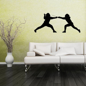 Fencing lunge wall decal with two black silhouette fencers in attacking poses
