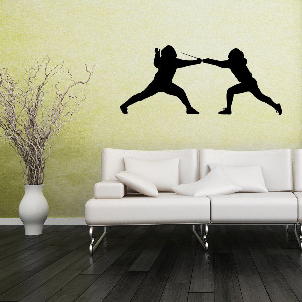 Fencing lunge wall decal with two black silhouette fencers in attacking poses