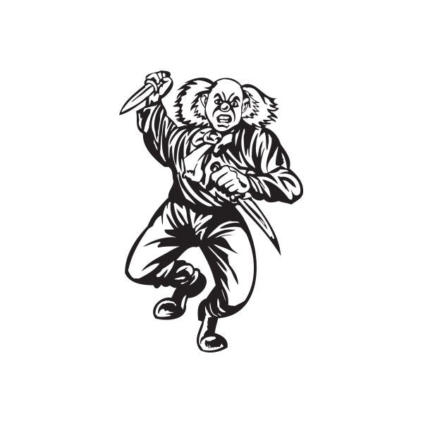 Black-and-white lunging clown with knives decal, striped outfit and ruffled hair