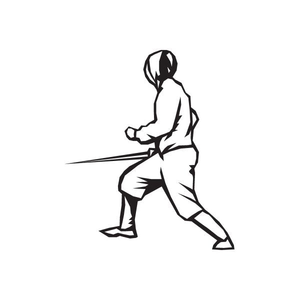Lunging fencer decal in black line art