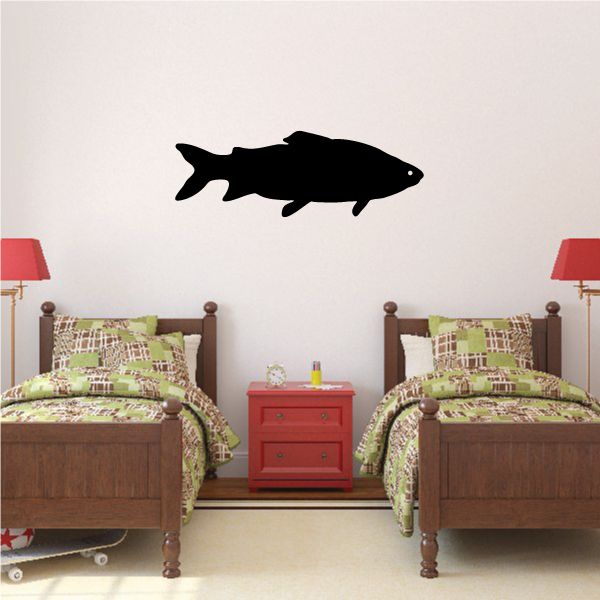 Trout decal with black fish silhouette, side profile, simple design