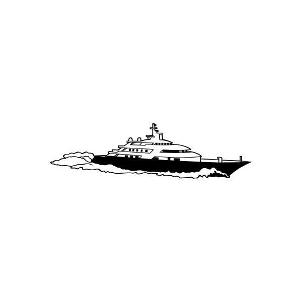 Yacht decal sticker with black line-art side view and wavy water