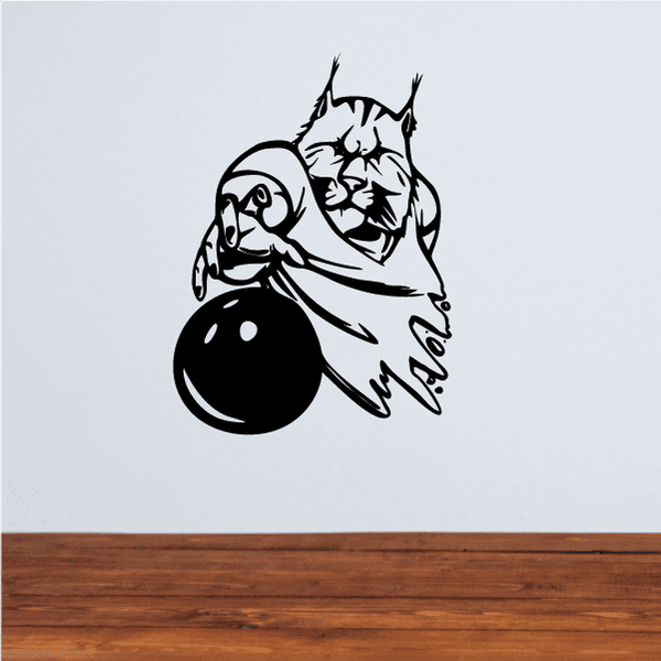 Lynx bowling player decal with lynx holding a bowling ball, bold black graphic