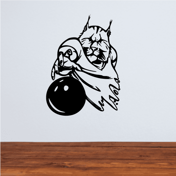 Lynx bowling player decal with lynx holding a bowling ball, bold black graphic