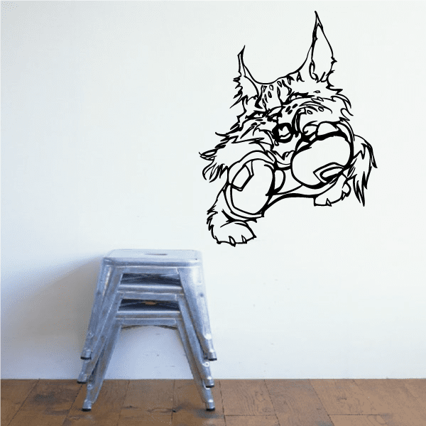 Boxing lynx cat decal with bold black line art and raised paws