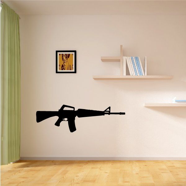 Black assault rifle wall decal with M-4 style outline and scope detail